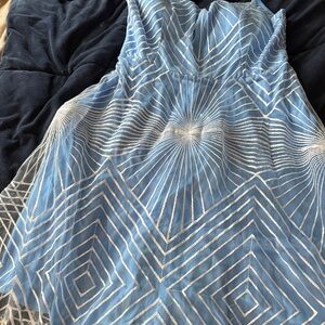 Chic Blue Dress with White Geometric Design